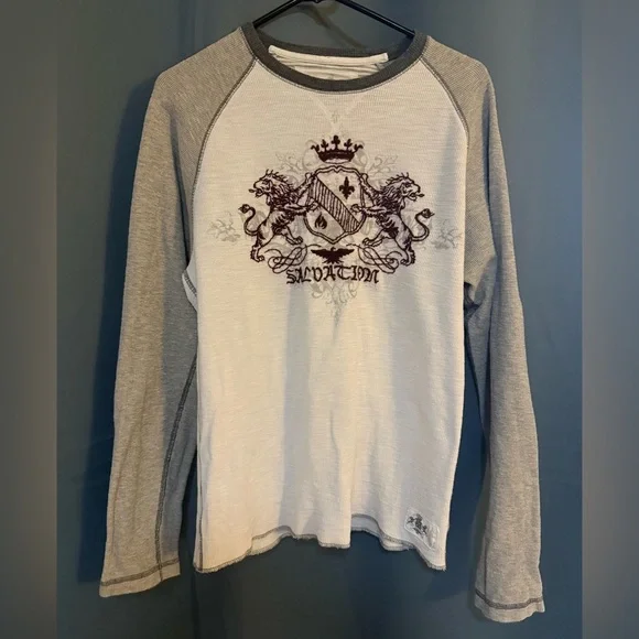 Express Men’s Large Y2K Raglan Waffle Thermal Long Sleeve Shirt|Crest Graphic - Picture 1 of 5